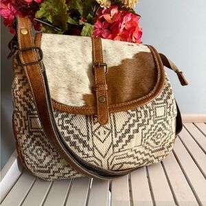 Myra Bag Purse Satchel New Cow Hide Leather canvas Medium Crossbody
